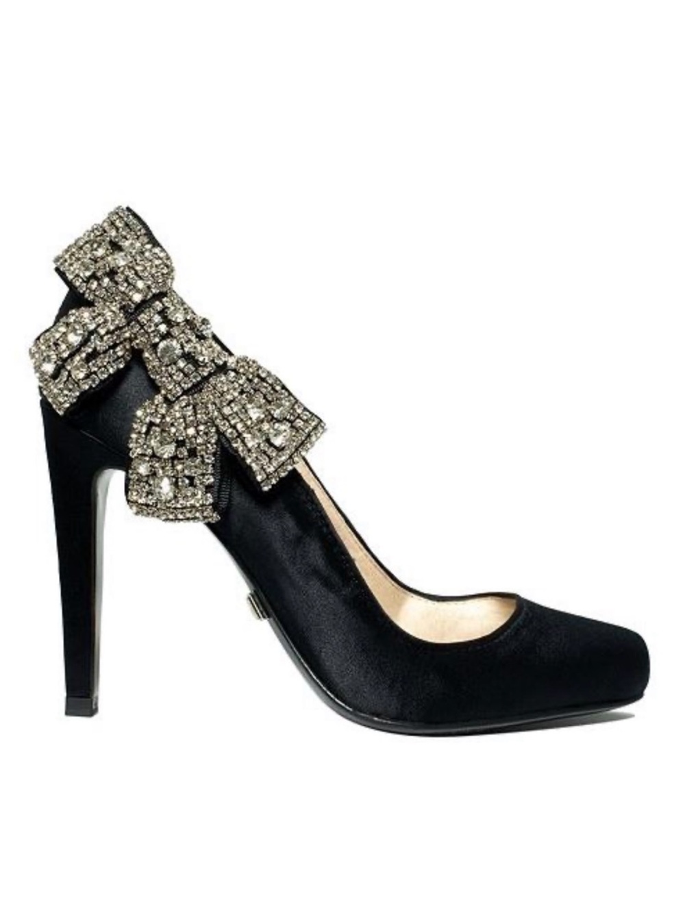 Black Satin High Heel Pump with Crystal Bow